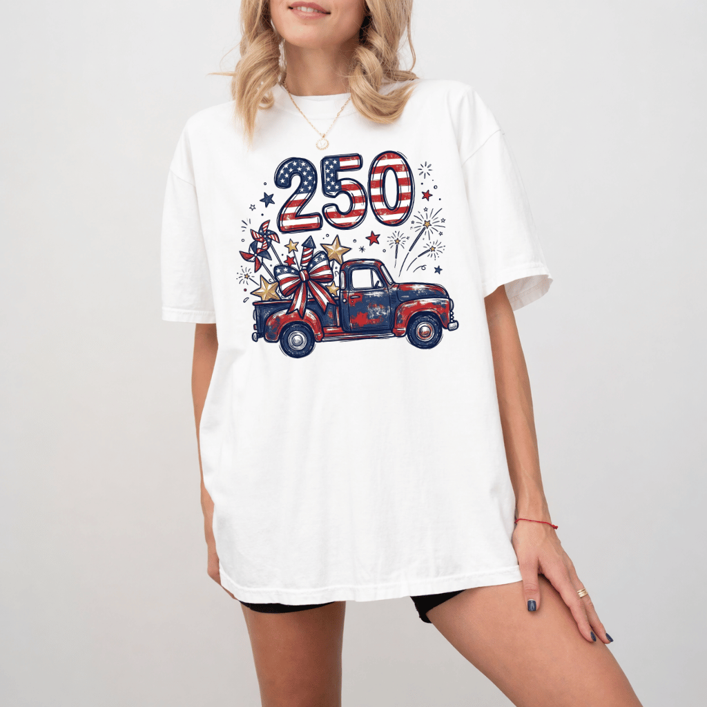 USA 250th Anniversary Fireworks Truck Comfort Colors T-Shirt 4th of July Independence Day Gift, Patriotic Tee - detail view